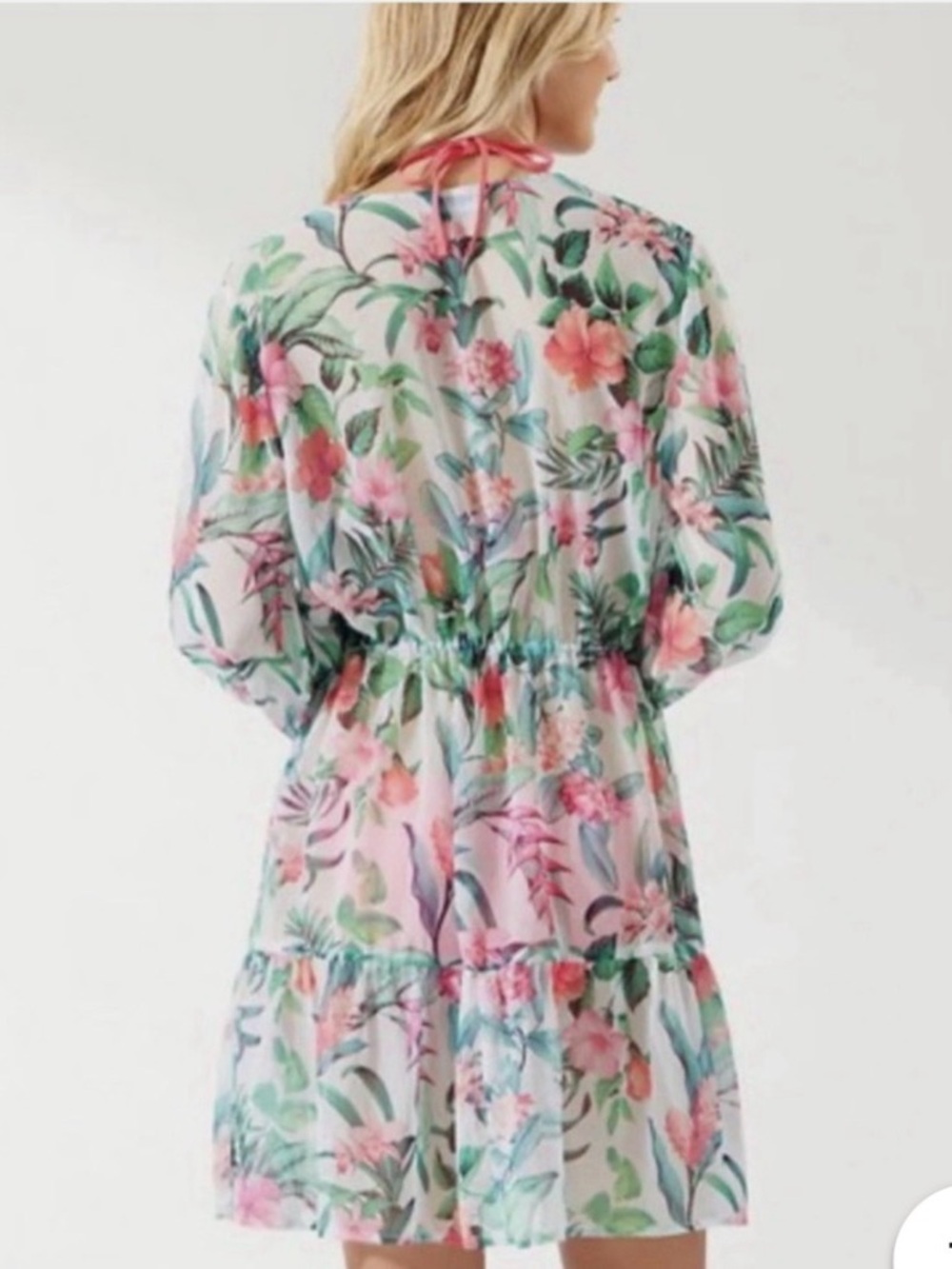 Tommy Bahama Sheer Tropical Floral Beach Cover-Up in Coral & Green Tropi Calling - Picture 2 of 4